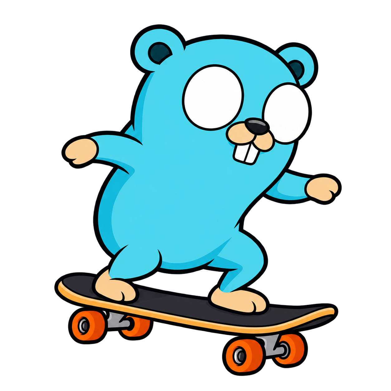 Blue Go Gopher on a skateboard, aligned within engineering drafting guides